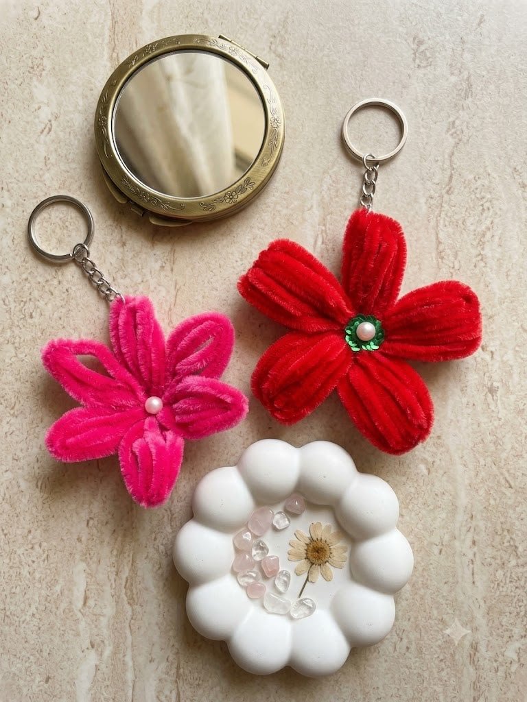 Handmade Floral Chenille Flower Keychain Set