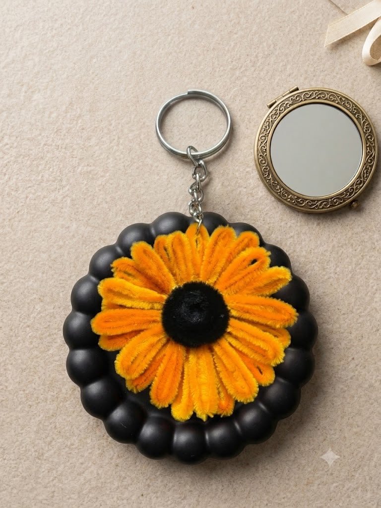 Handmade Sunflower & Black Beaded Flower Keychain